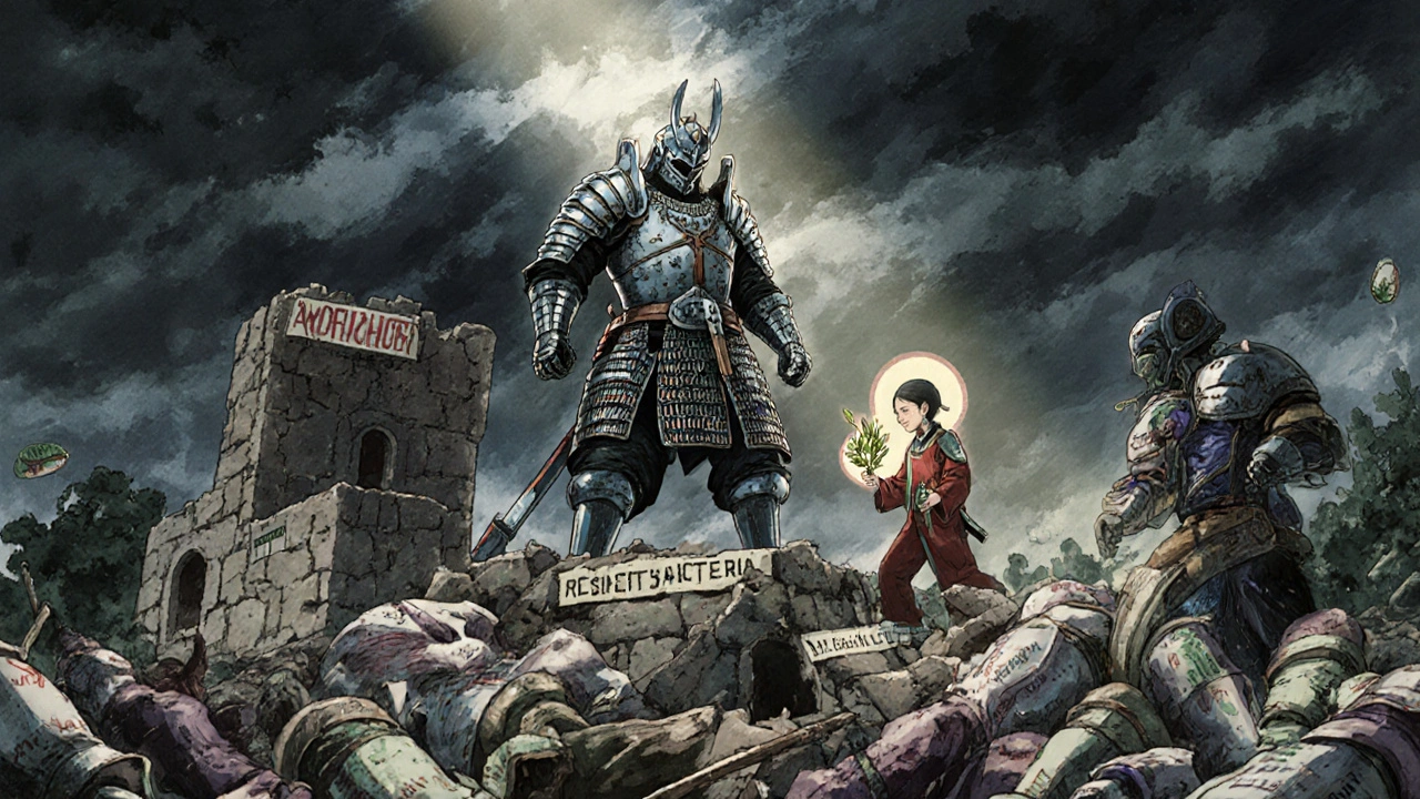 A heroic antibiotic warrior battles resistant bacteria on a crumbling fortress while a humble knight heals a child with sunlight.