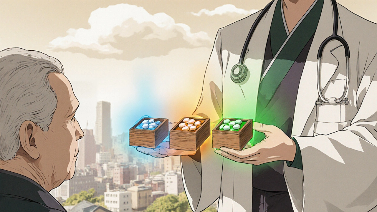 An elderly patient receiving three antibiotic options in wooden boxes, each with a colored aura, in a calm pharmacy setting.
