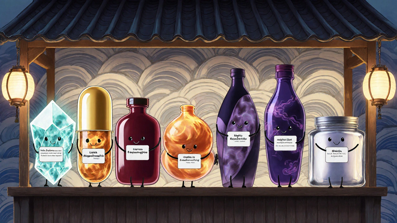 Anthropomorphic pill bottles lined up as market stall characters representing alternative drugs.