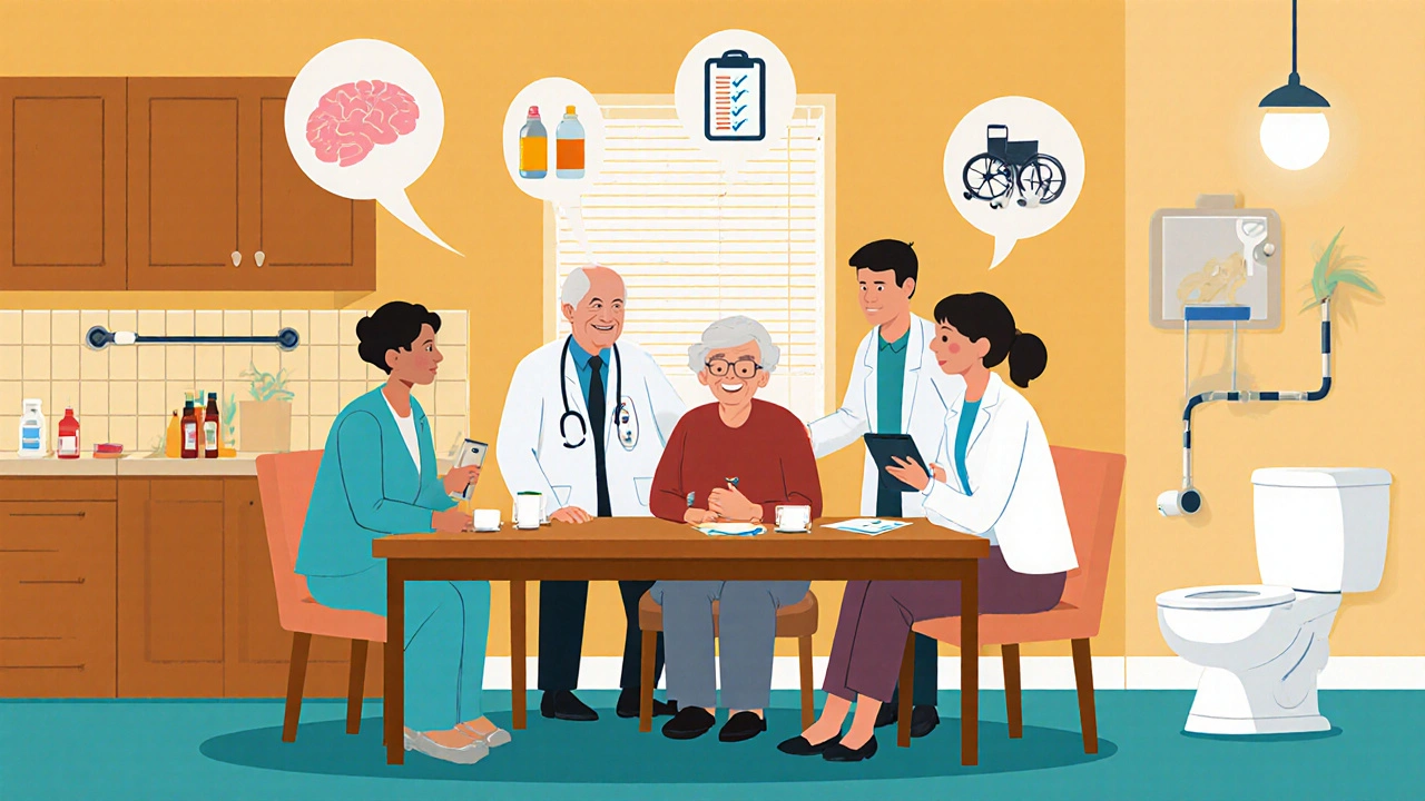 Care team around kitchen table with home adaptations and medical icons.