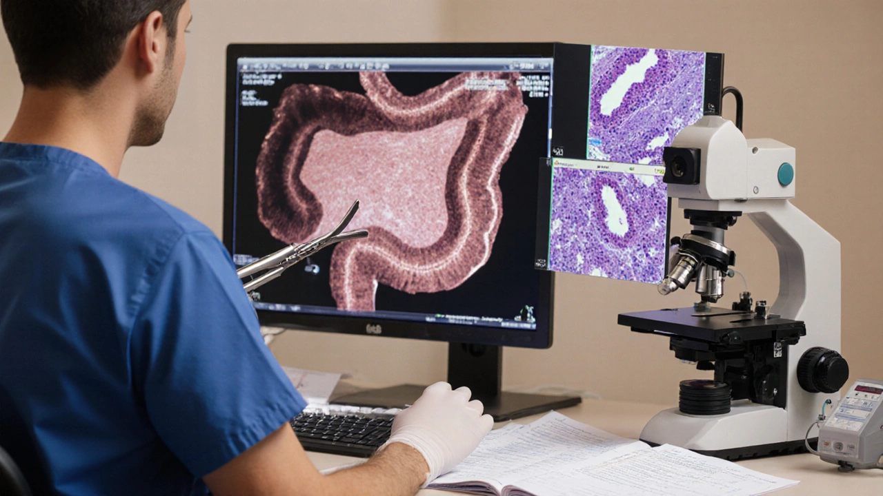 Clinical view of endoscopy showing flattened duodenal villi and a microscope slide of inflamed liver tissue.
