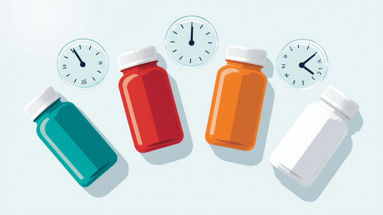 Colored pill bottles for tramadol, ibuprofen, naproxen, and acetaminophen on pastel background.