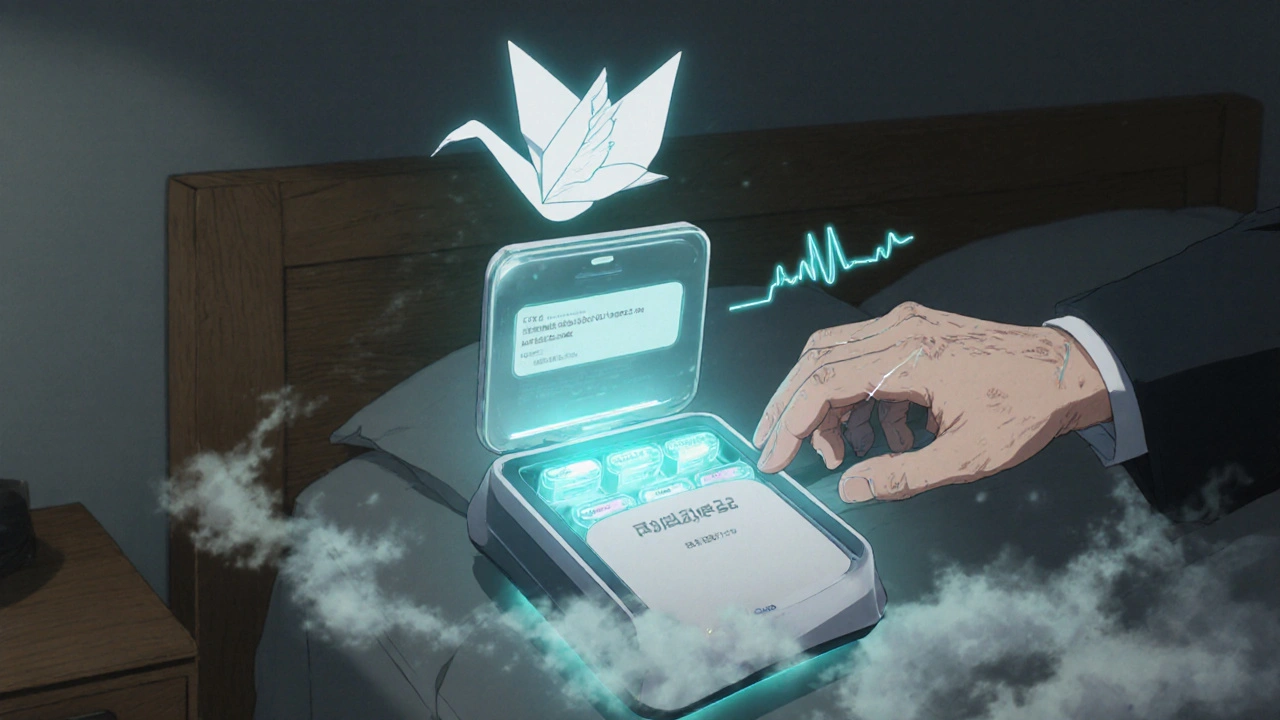 Digital pill dispenser glowing softly in a bedroom as a floating notification hovers above an elderly man&#039;s hand.