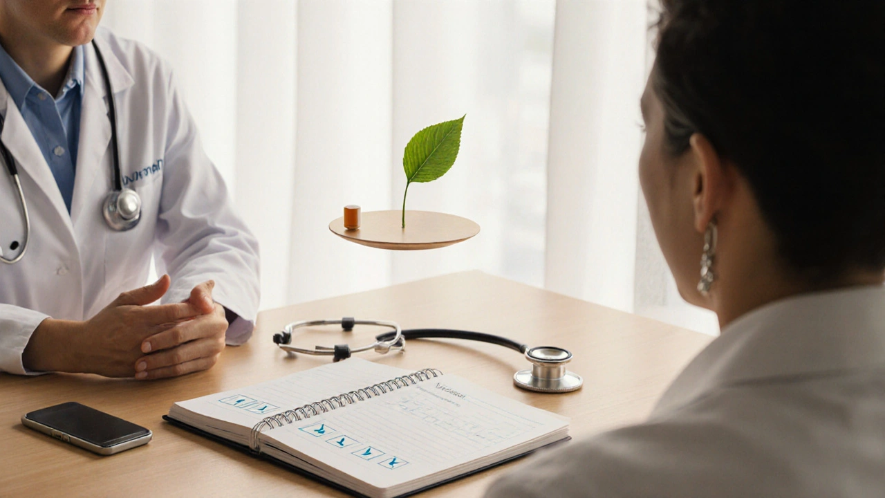 Doctor and patient discussing treatment, with a floating scale balancing a pill and a leaf.