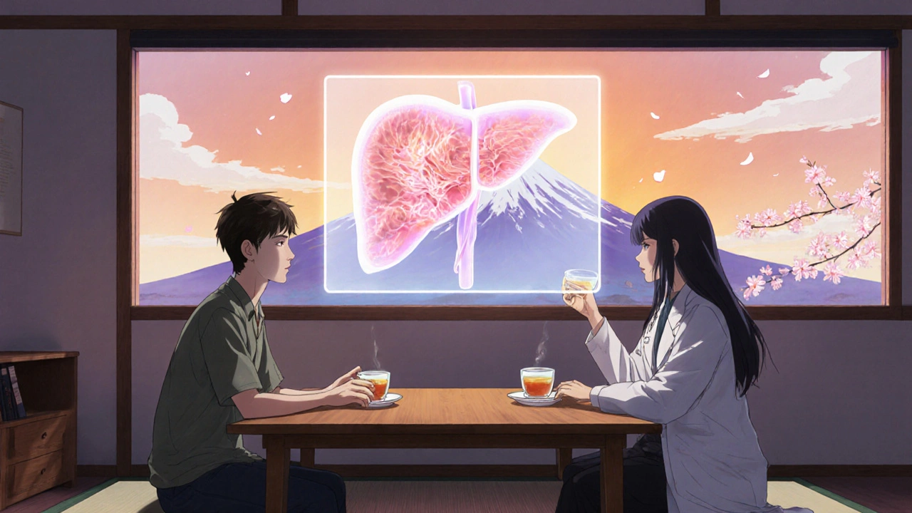 Doctor and patient sharing tea beside holographic liver scan with sunrise backdrop.