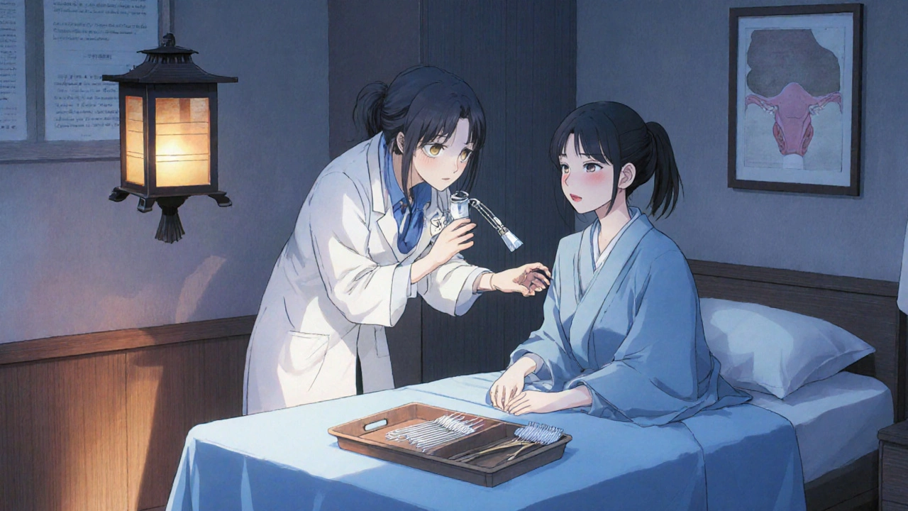 Doctor holding a speculum while a patient sits on an exam table in a calm clinic.