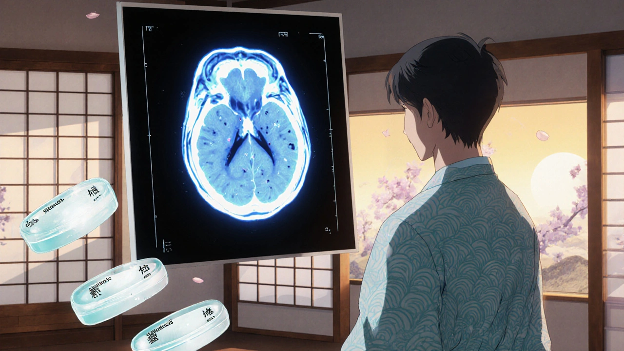 Doctor reviewing a glowing brain MRI with floating medication icons in a traditional clinic setting.