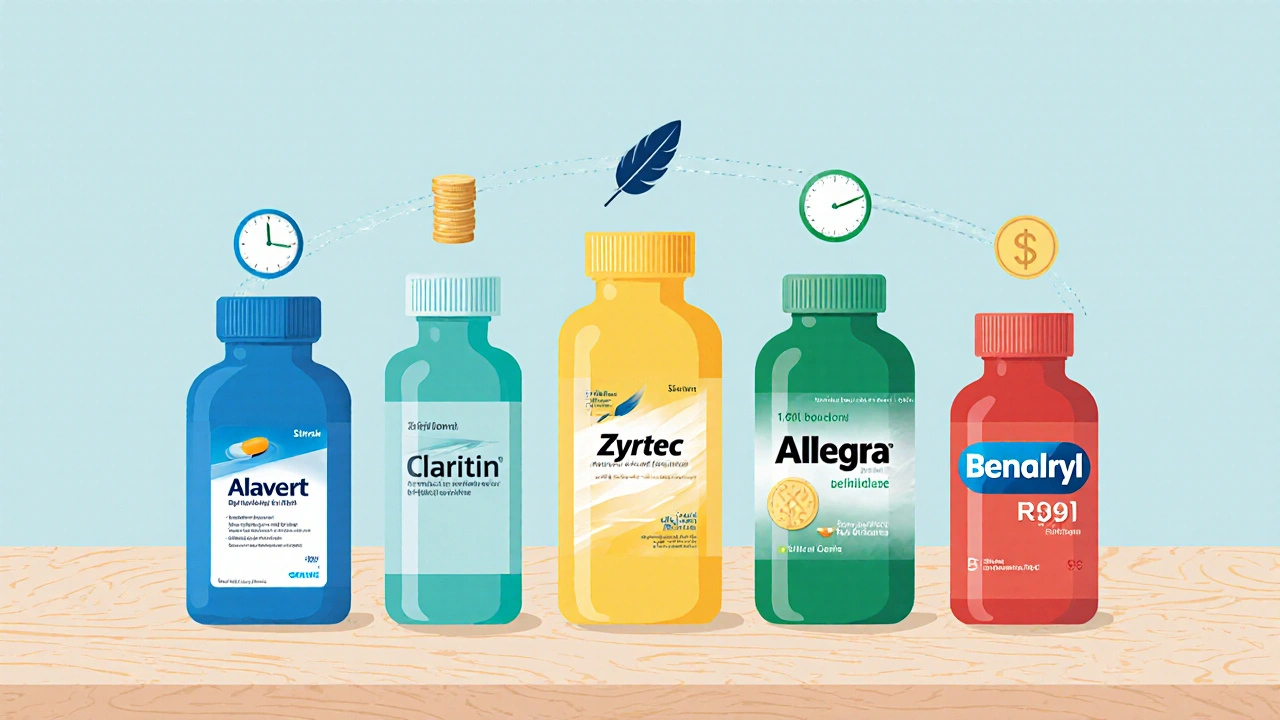 Five pill bottles on a table with icons hinting at onset, drowsiness, and price.