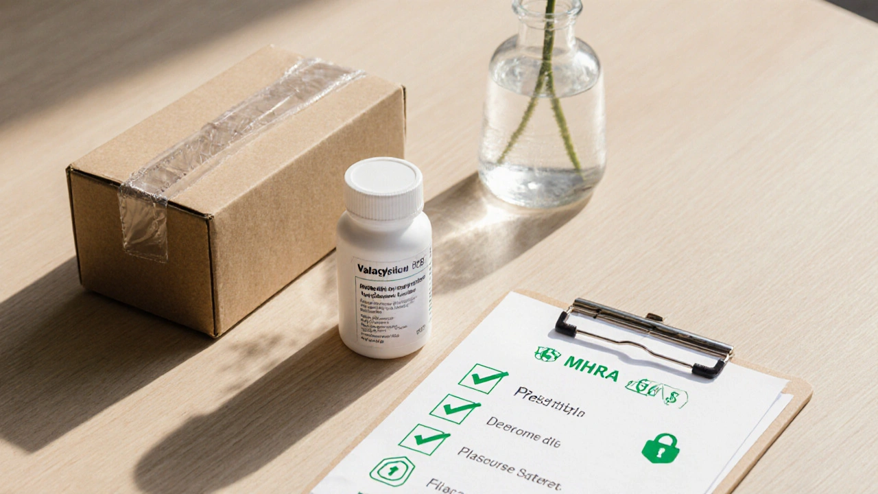 Flat‑lay of valacyclovir bottle, shipping box, and checklist icons for safe purchase.