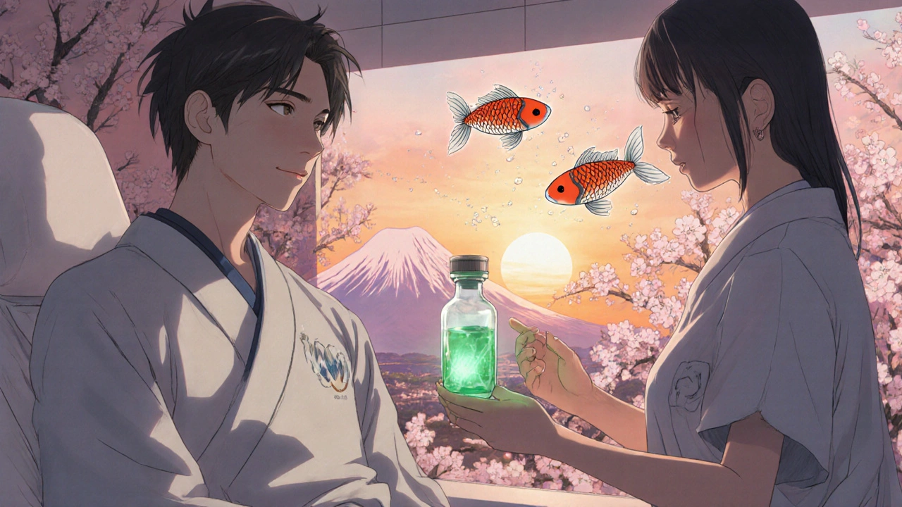 Hopeful scene of T‑cell infusion and checkpoint inhibitor symbols amid cherry blossoms and sunrise.