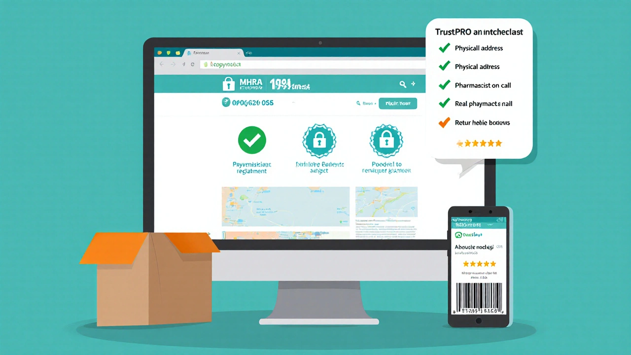Illustrated laptop screen verifying a legitimate UK online pharmacy with safety icons.