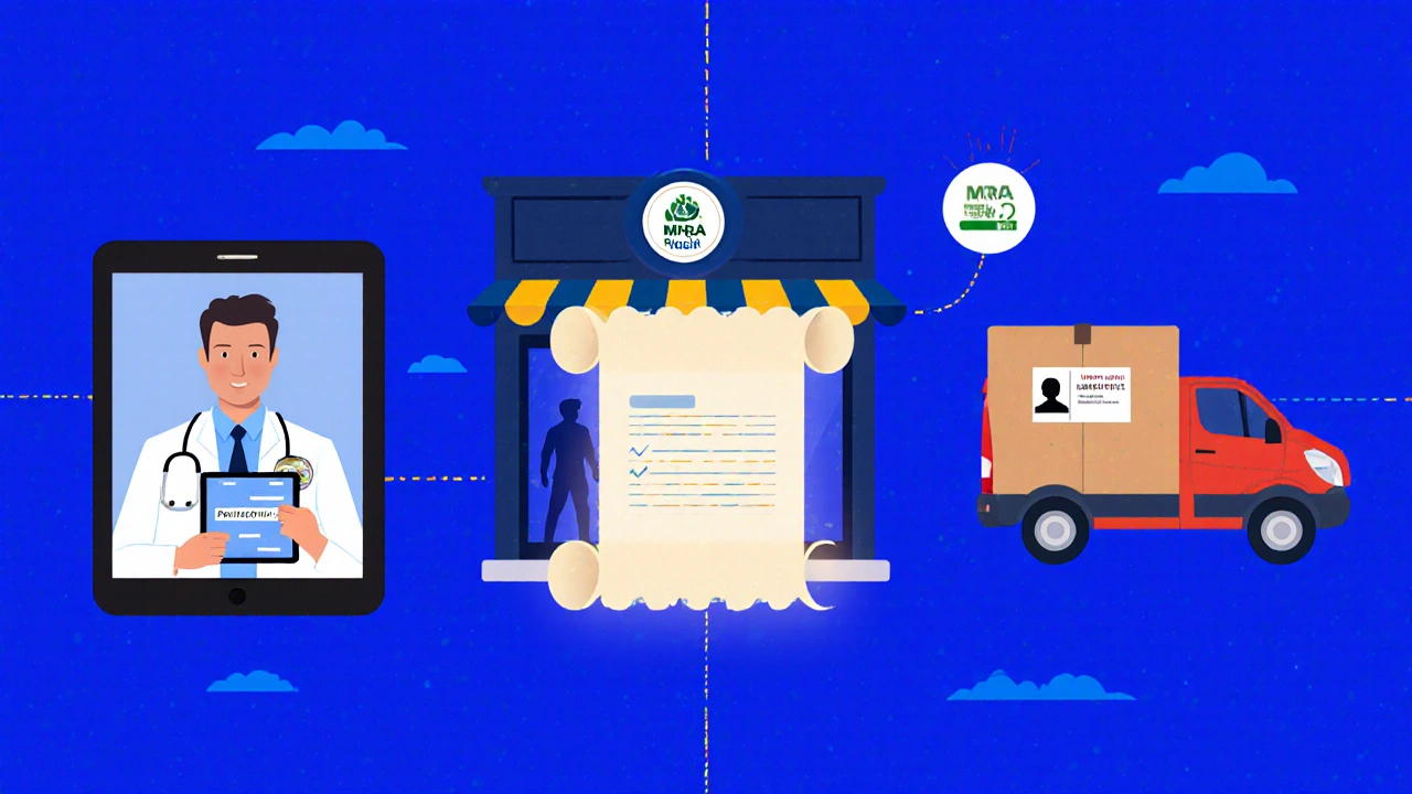 Illustration of doctor video call, digital prescription, pharmacy with MHRA badge, and courier delivery.