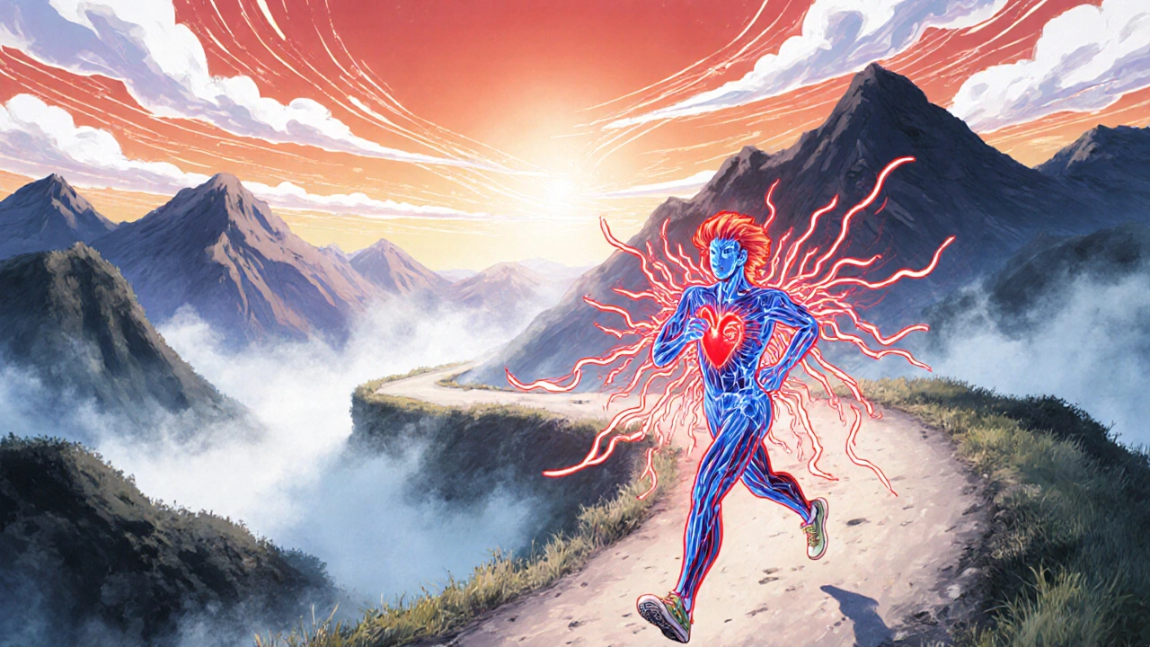 Jogger running on a mountain path, visualized blood vessels expanding and heart glowing.
