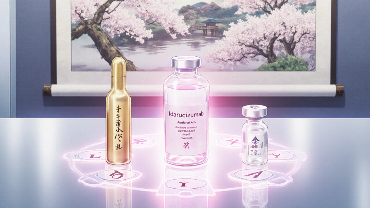 Lab table showing Idarucizumab, Andexanet Alfa, and 4F‑PCC vials with Japanese garden backdrop.