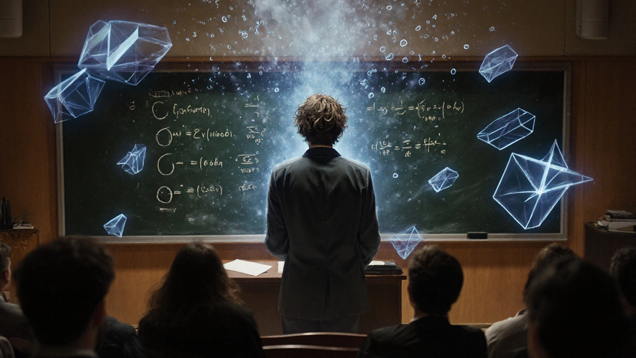 Man lecturing with floating equations illustrating hallucinations in a theater.