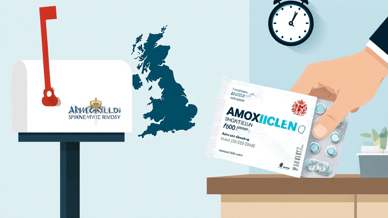 Package delivered with labeled amoxicillin blister pack on a counter.