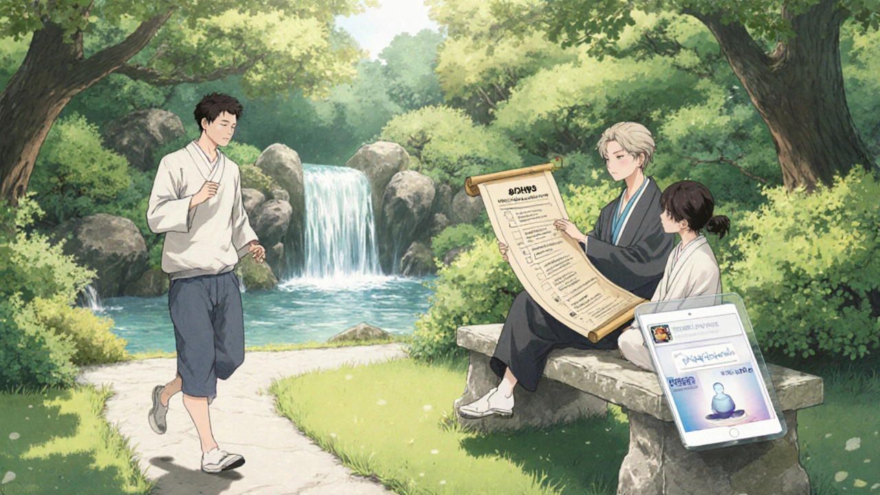 Patient and therapist in a garden discussing a mood checklist, with exercise and meditation symbols.