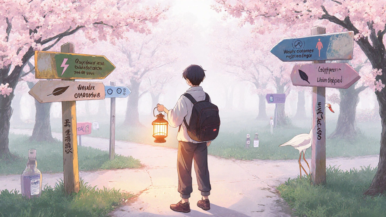 Person at cherry‑blossom crossroads with signposts for speed, weight, pregnancy, and interactions.