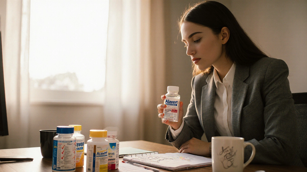 Person at desk holding Alavert bottle, evaluating other allergy pills.