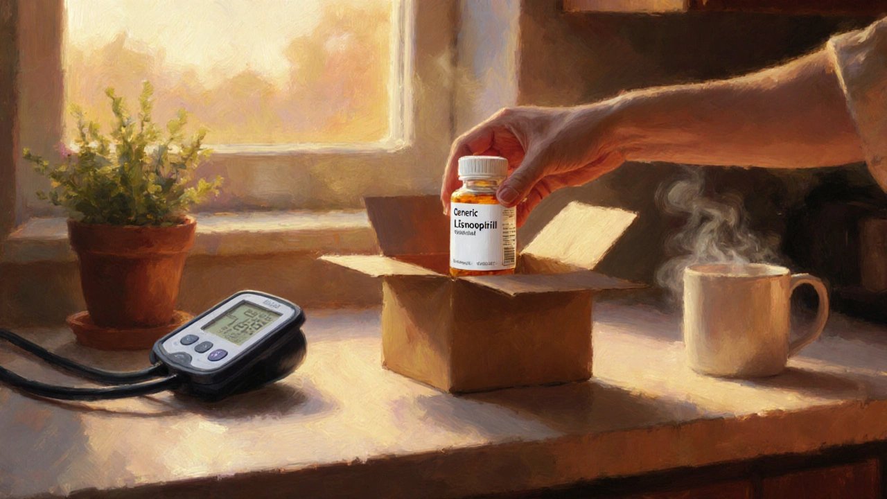 Person opening a delivery box, holding a Lisinopril bottle next to a blood pressure monitor at home.