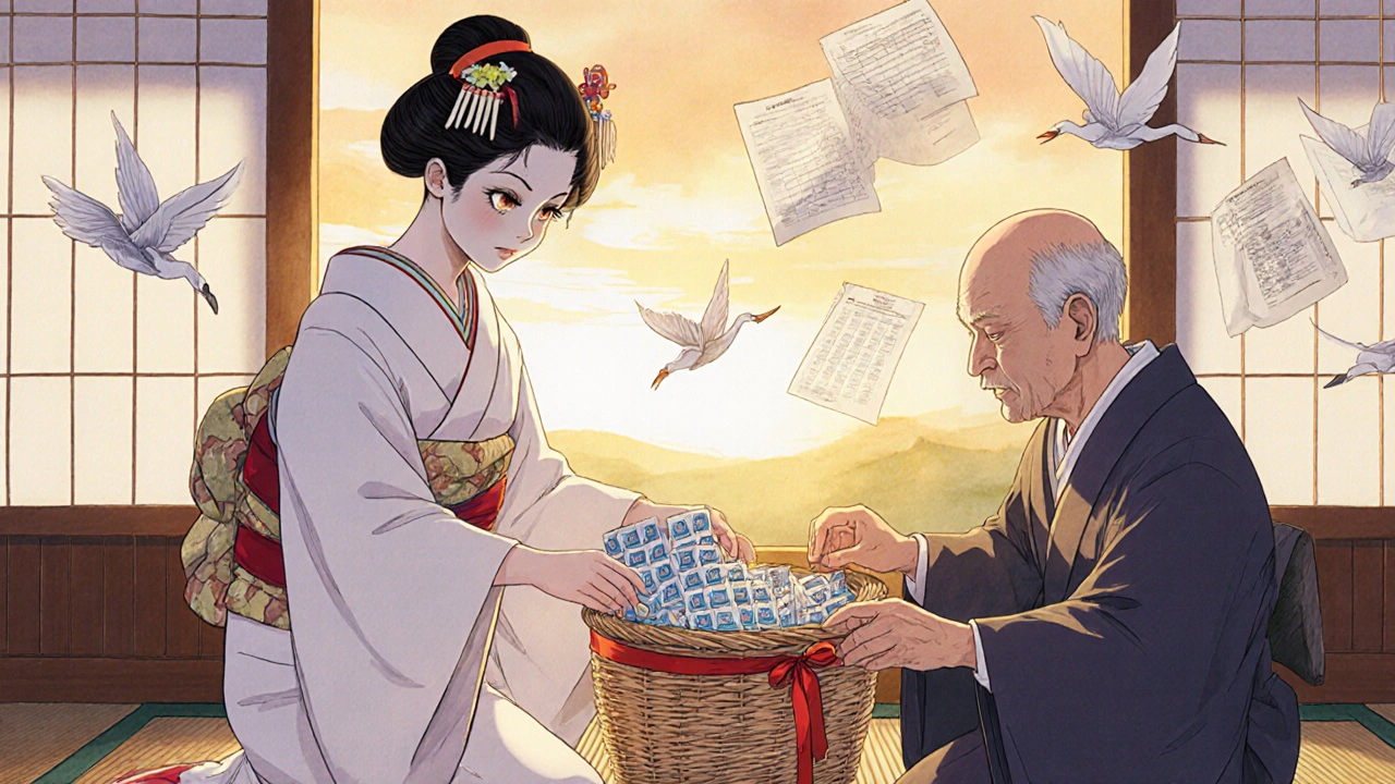 Pharmacist handing pre-sorted blister packs to an elderly patient in a traditional Japanese-inspired setting.