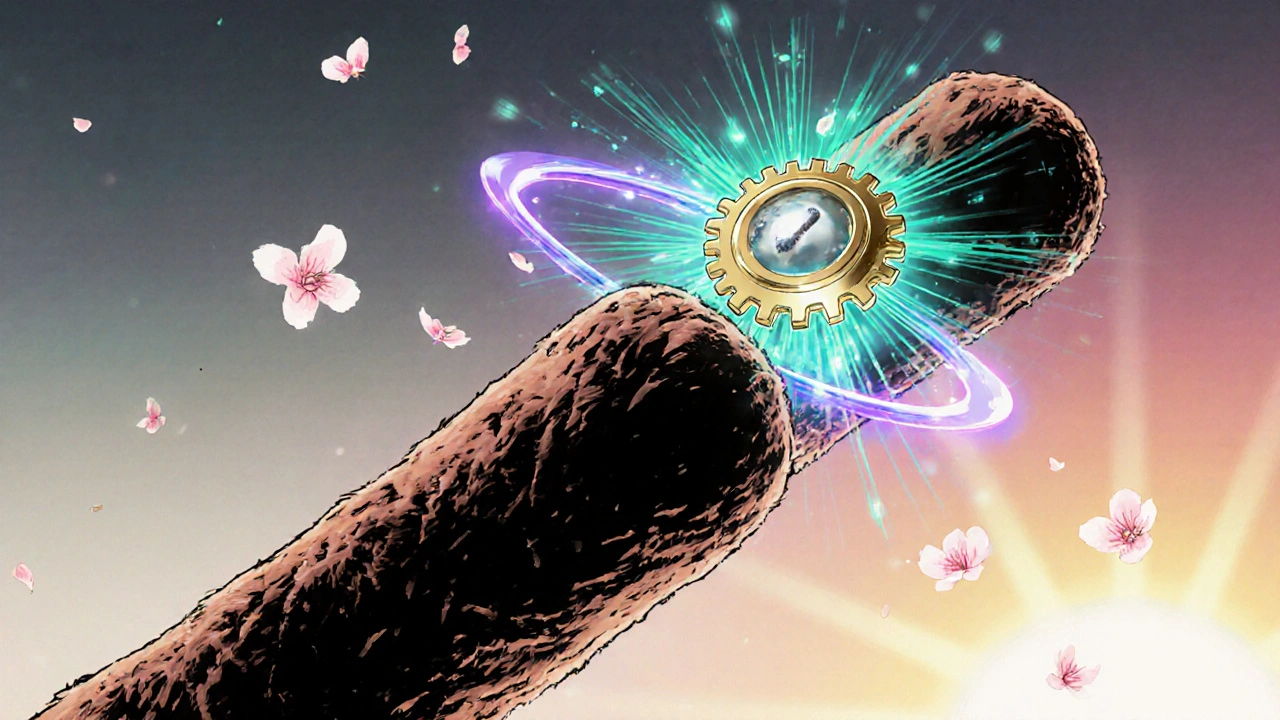 Roxithromycin molecule binding to Bacillus anthracis ribosome, illustrated with ink brush style.