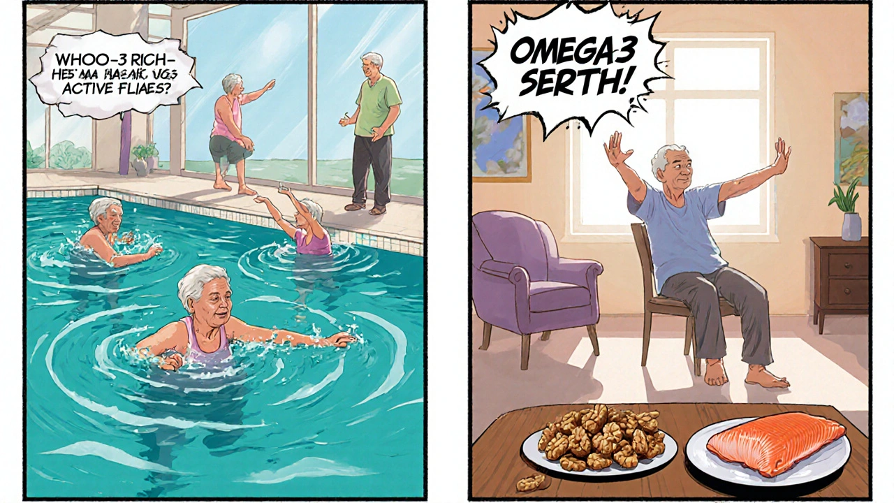 Seniors exercising in pool and doing chair yoga with healthy foods shown.