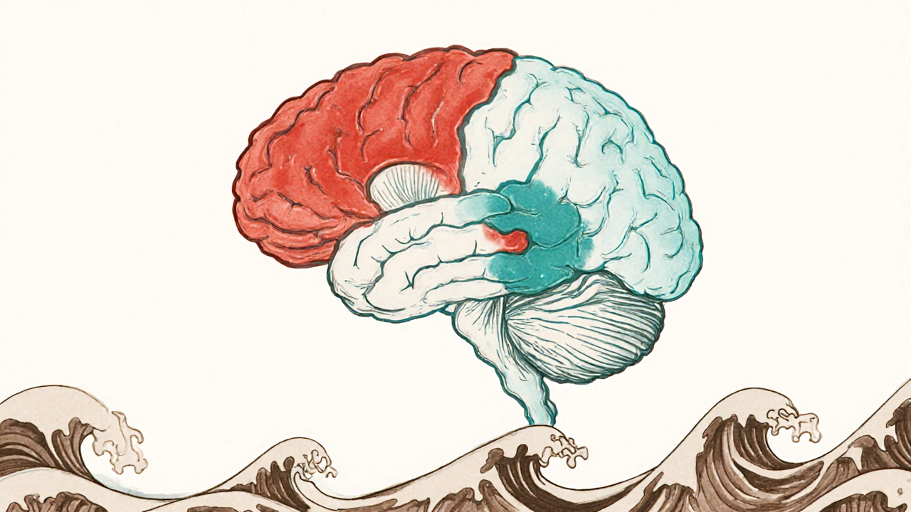 Side view of a brain with highlighted hippocampus and frontal lobe showing shrinkage, ukiyo‑e anime illustration.