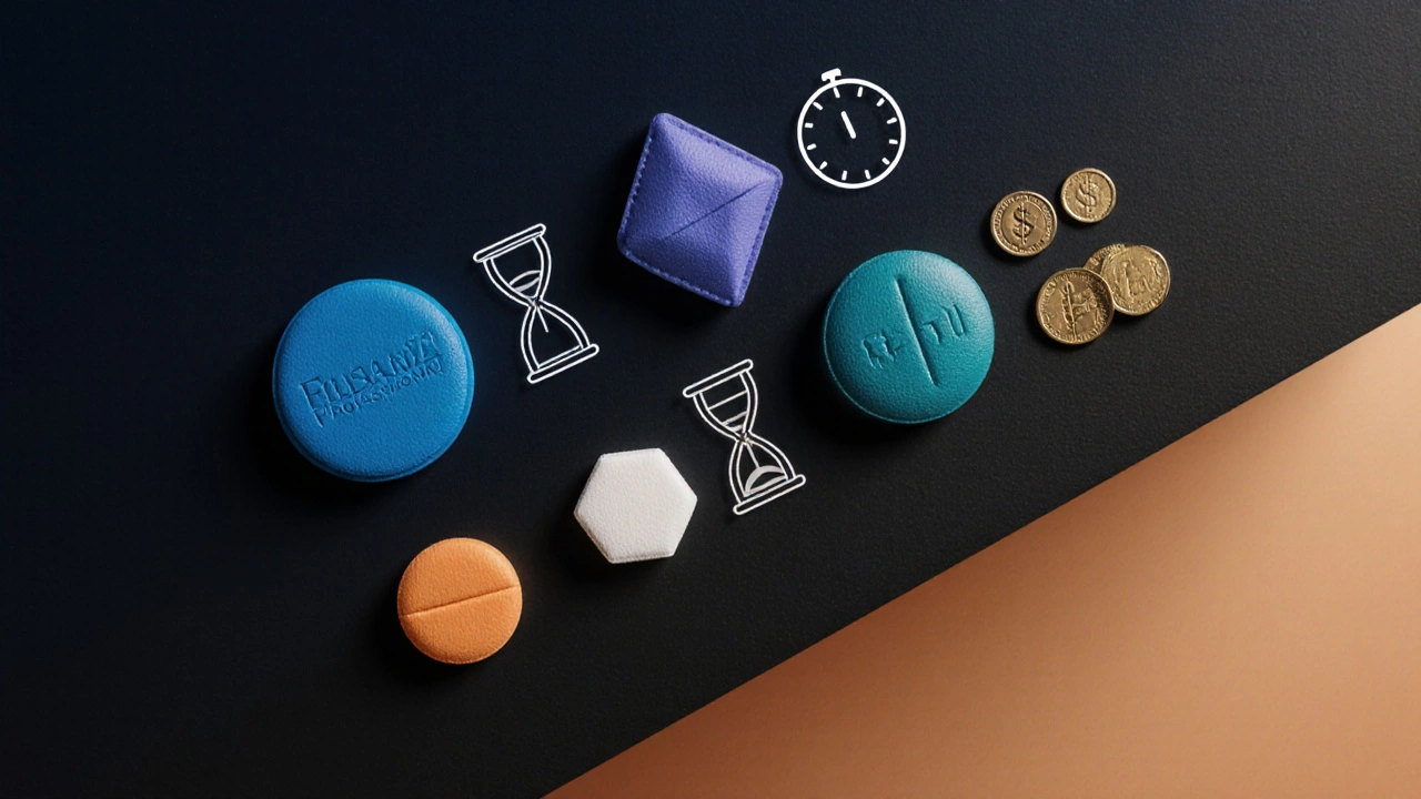 Six different ED pills laid out with clock, hourglass, and coin icons indicating onset, duration, and cost.