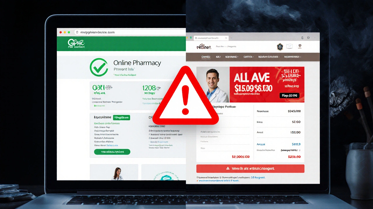 Split view showing a legit pharmacy site versus a shady counterfeit site.