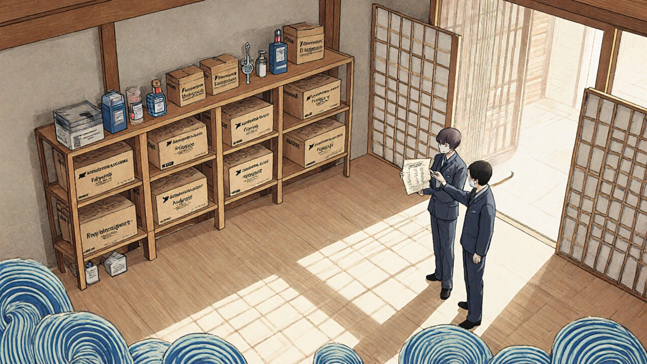 Stockroom with roxithromycin boxes, IV kits, and clinicians rehearsing a response.