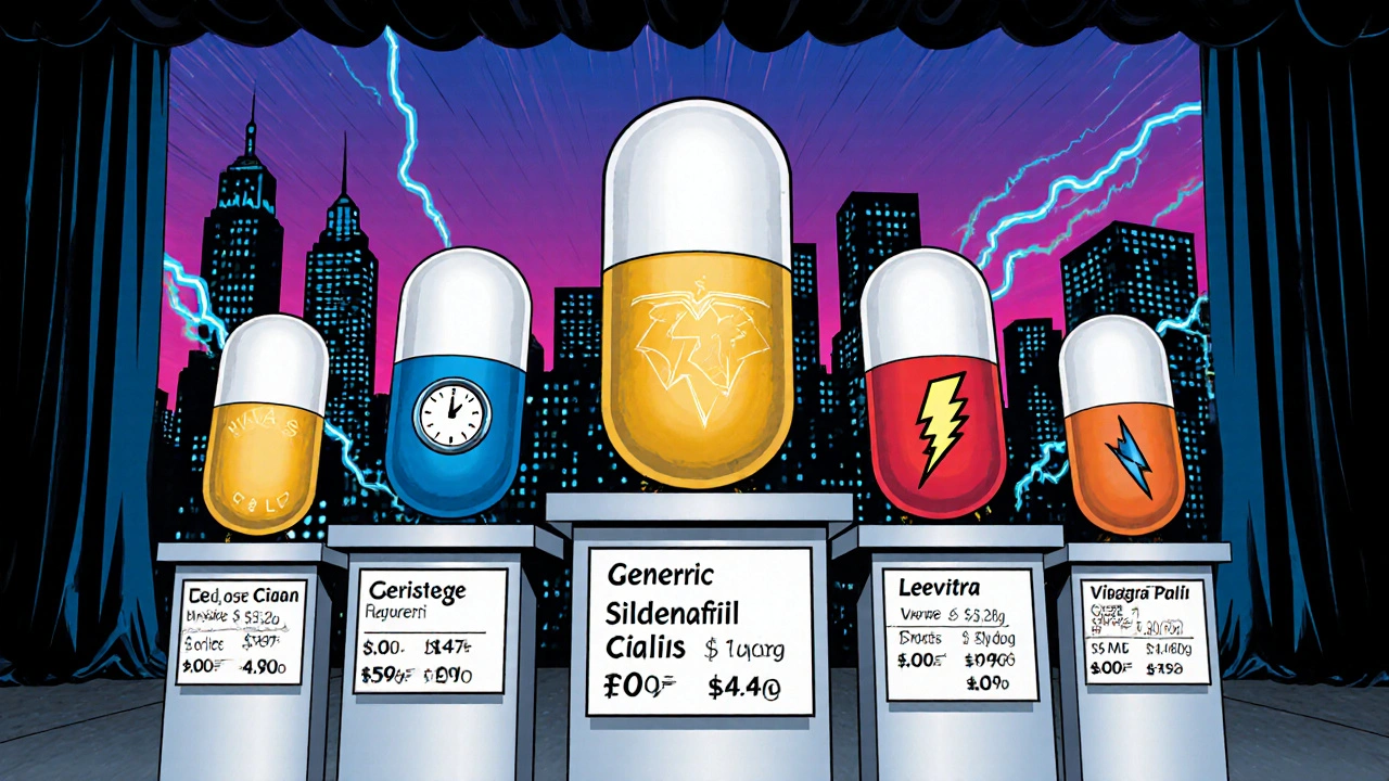 Superhero pill characters lineup showing stats for Viagra Gold, generic, Cialis, Levitra, Stendra.