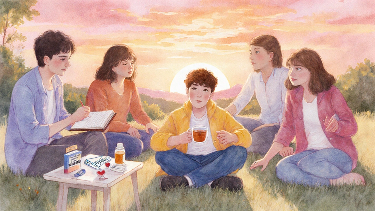 Supportive group gathering around person with schizophrenia at sunset.