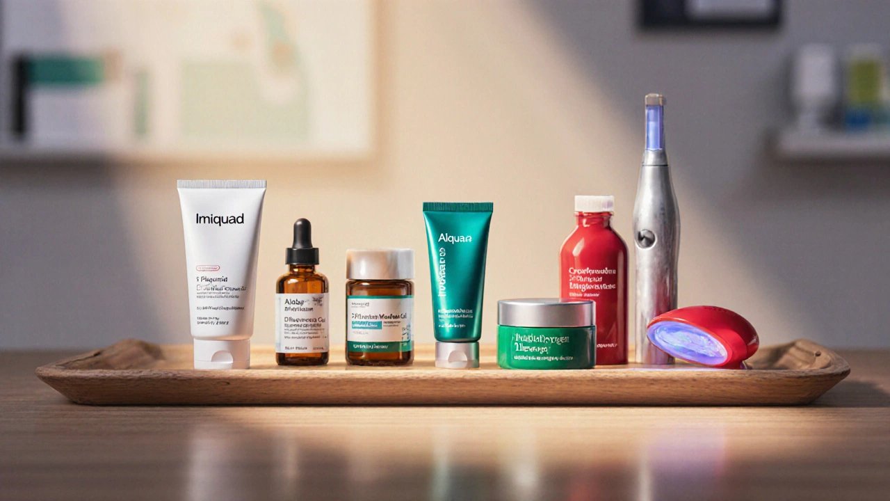 Tray displaying Imiquad, Aldara, 5‑FU, diclofenac gel, ingenol mebutate, sinecatechins, cryotherapy can, and PDT lamp.