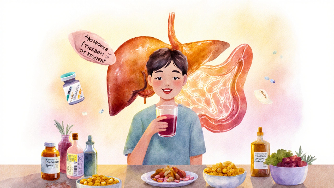 Watercolor scene of a patient with nutritious foods, medication, and a glowing gut‑liver pair symbolizing recovery.