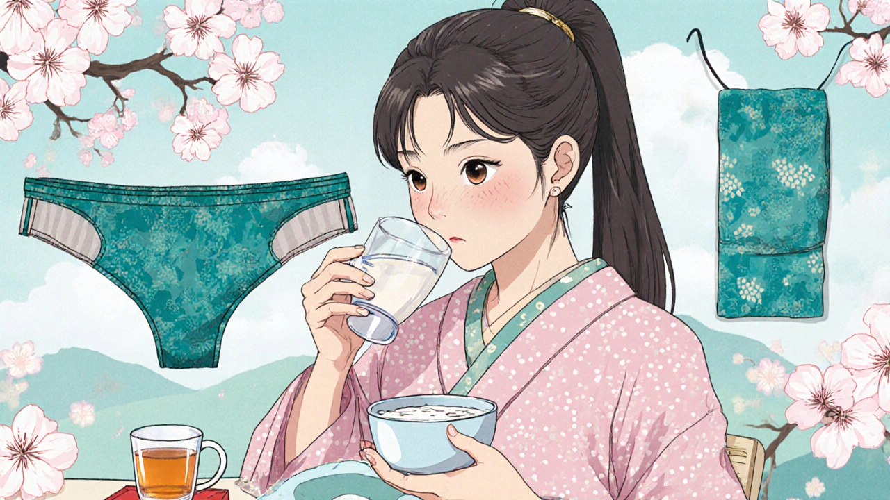 Woman practicing healthy habits: cotton underwear, yogurt, water, and mindfulness.