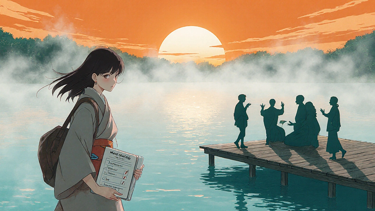 Woman walking out of fog into sunrise, holding a checklist beside supportive friends.