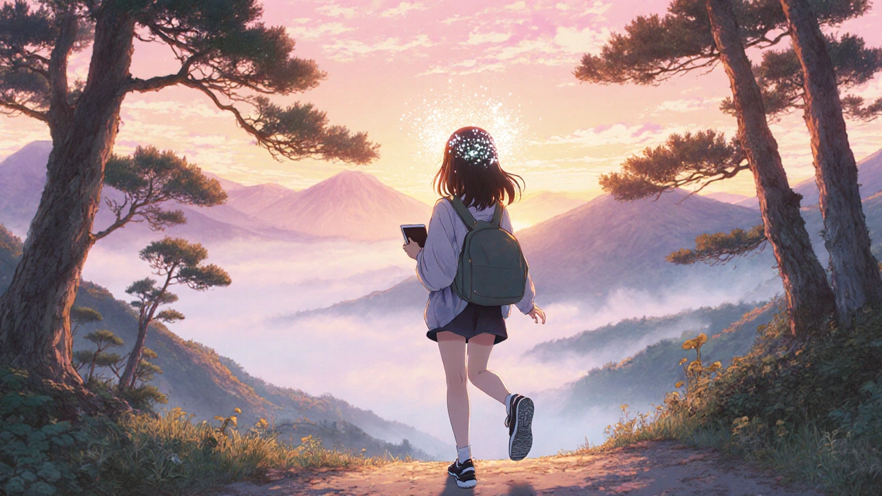 Young woman walking a sunrise mountain trail with glowing particles, representing recovery in ukiyo‑e anime style.