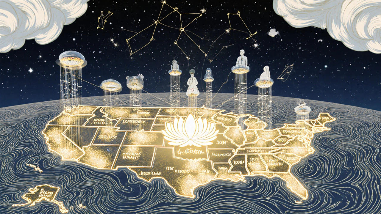 A celestial map of the U.S. with glowing safety signals connecting patients to the FDA, rendered in ukiyo-e anime style.