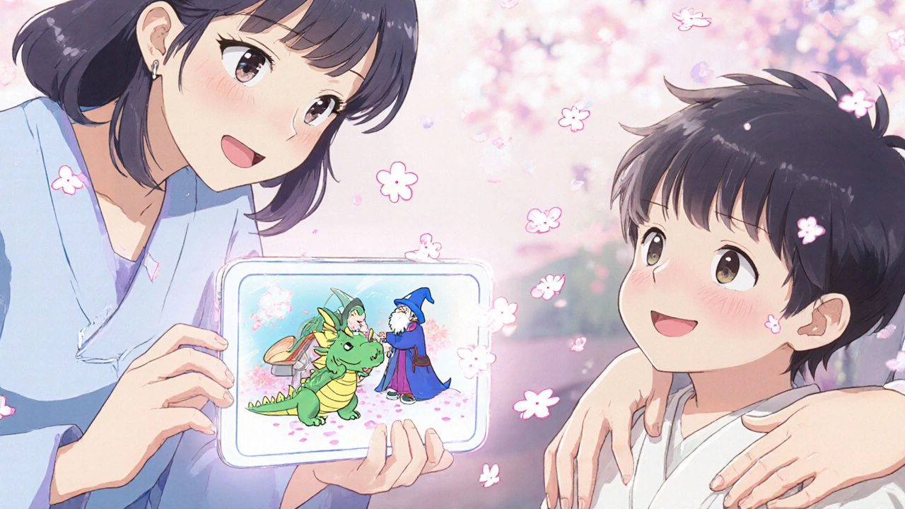 A child with autism watches an animated tablet showing a soothing dragon sleep scene, with a specialist nearby and cherry blossoms floating in the air.