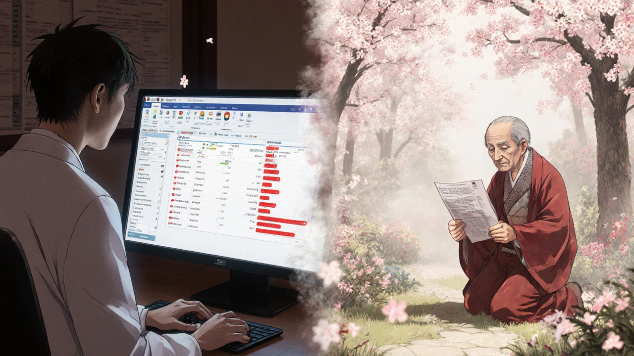 A doctor in a hospital and garden, reviewing an FDA safety notice with an elderly patient under cherry blossoms.