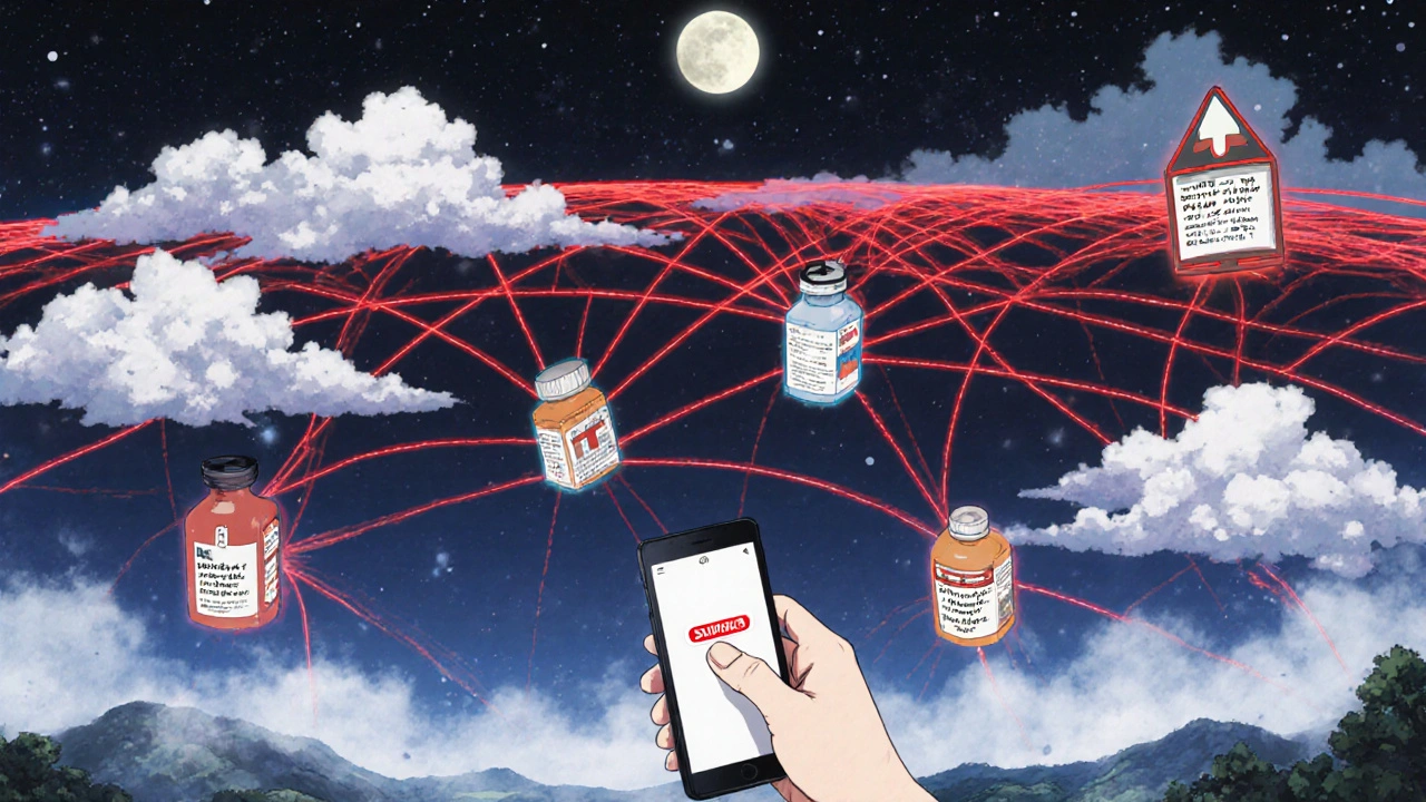 A global network of glowing lines traces counterfeit drugs across countries, with a hand submitting a report.