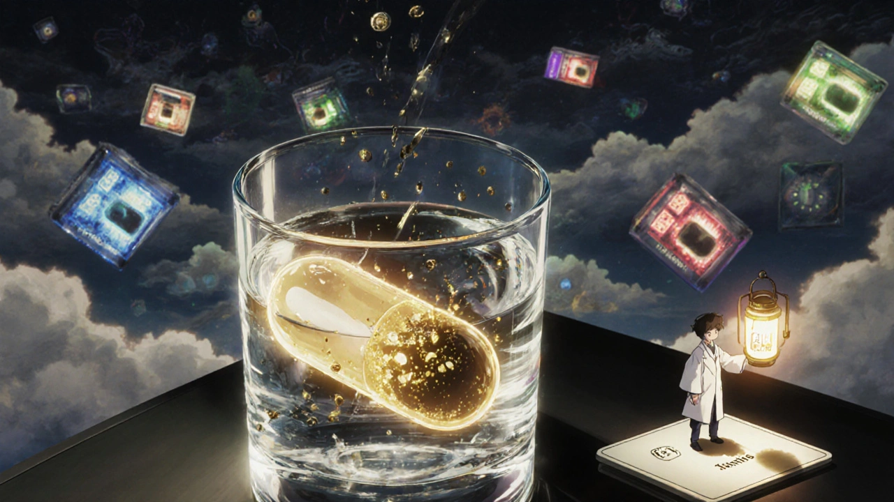 A glowing pill dissolving in water with swirling degradation particles, surrounded by floating stability chambers shaped like clouds and ICH symbols.