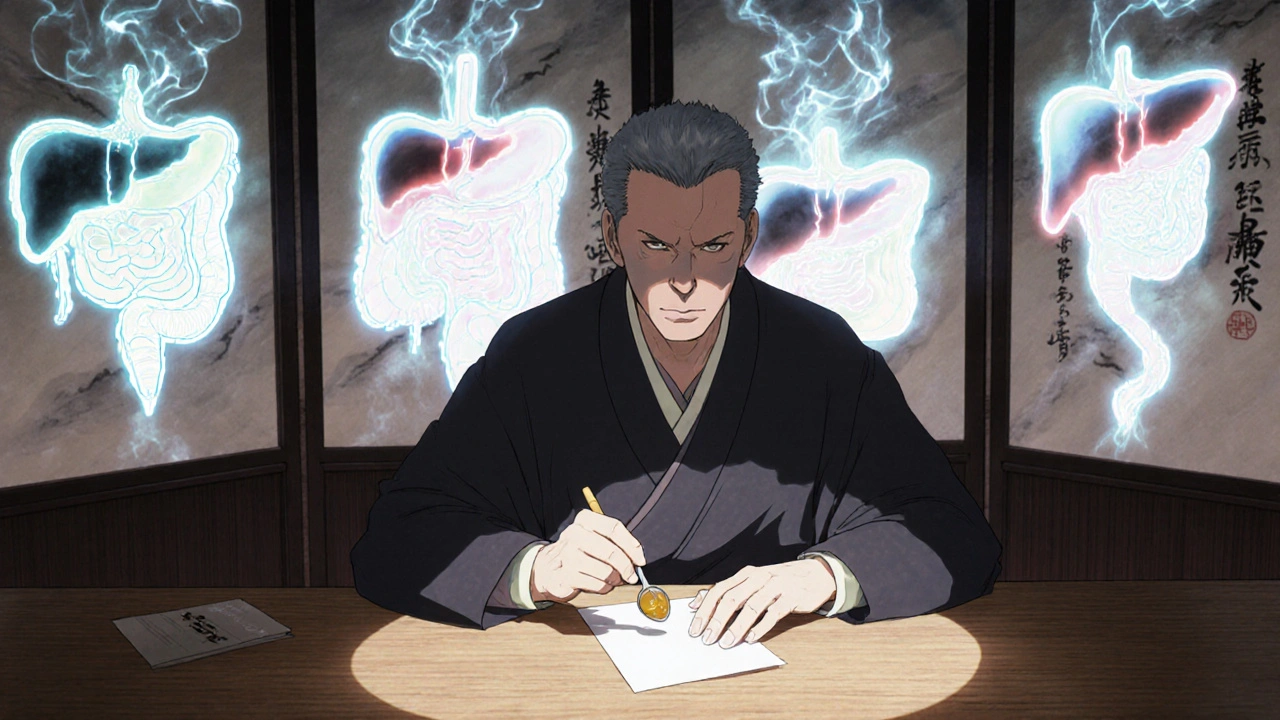 A man takes lactulose as ghostly ammonium koi rise from his gut, dissolving behind ink-brush liver diagrams.