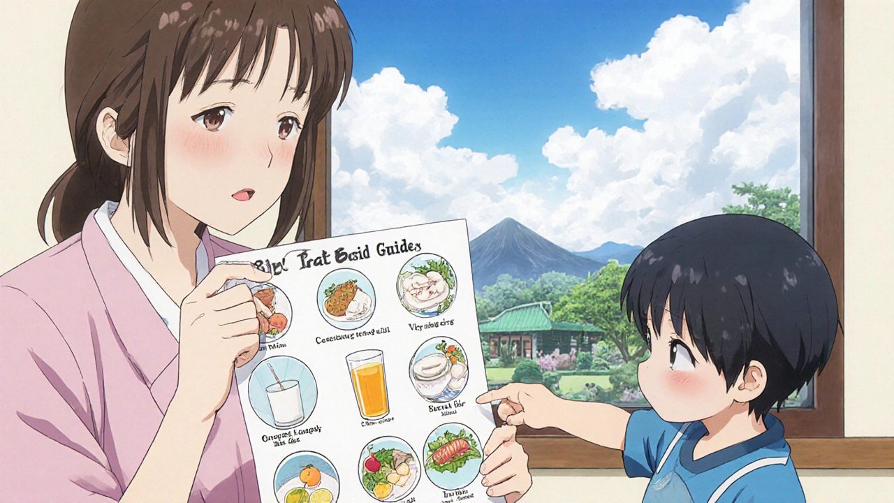 A mother studies a visual fasting guide with her child, showing clear liquids and solid foods under soft ukiyo-e lighting.