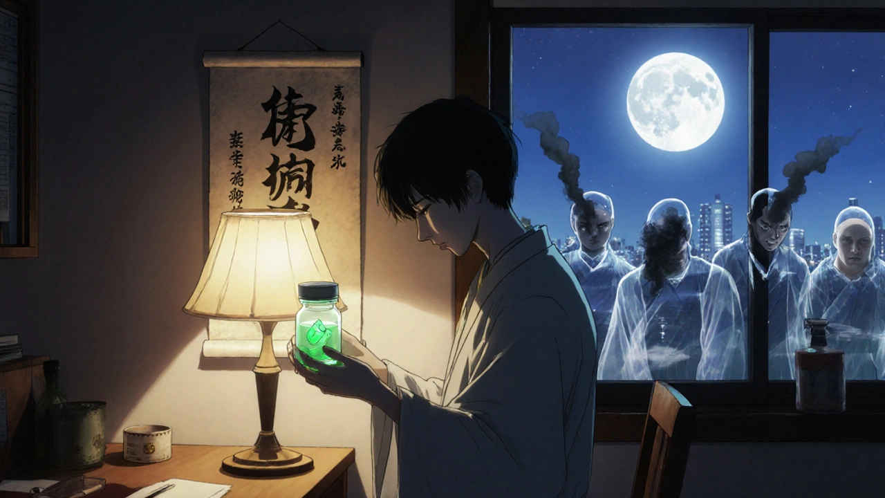 A patient holding a safe pill while ghostly failed tablets loom behind, with a calligraphic warning scroll and protective moonlight over a city.