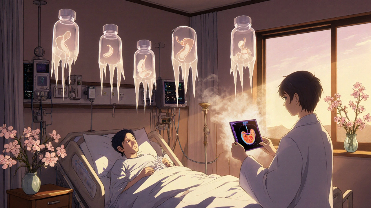 A patient in an ICU with floating dangerous pills and a CT scan showing pancreatic necrosis.