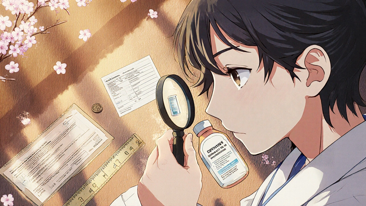 A pharmacist photographs a counterfeit insulin vial with a ruler and coin for scale.