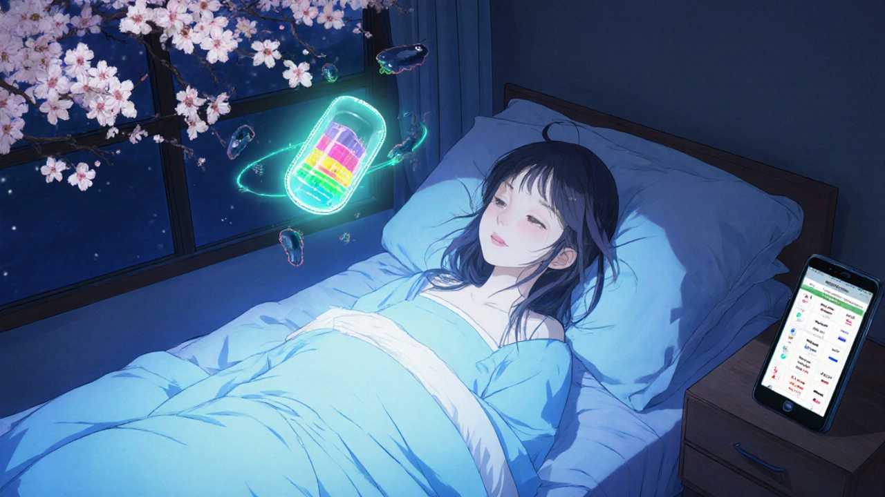 A sleeping woman is protected by glowing beneficial bacteria chasing away ammonia demons in a ukiyo-e anime scene.