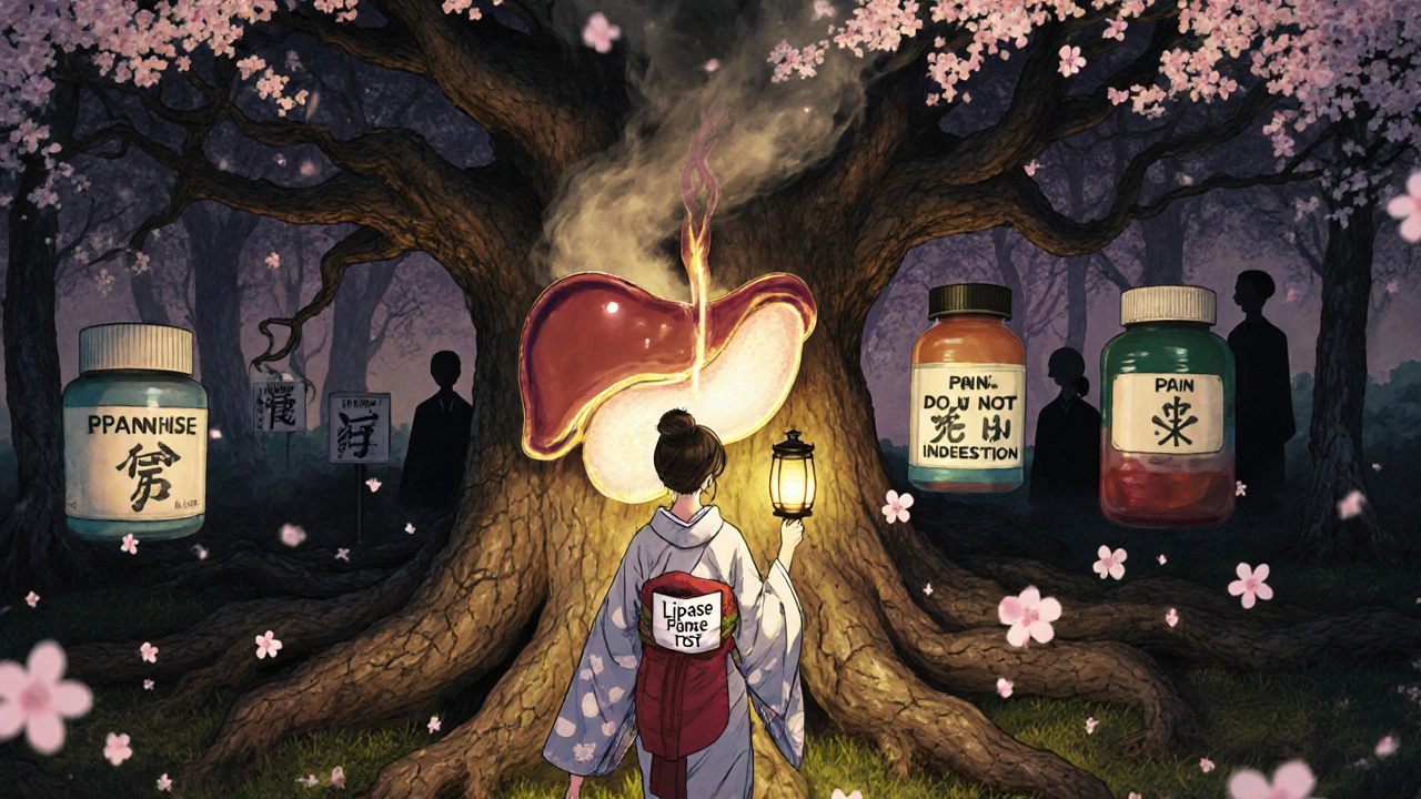 A symbolic forest of medicine bottles with a glowing pancreas, guided by a woman holding a lipase test lantern.